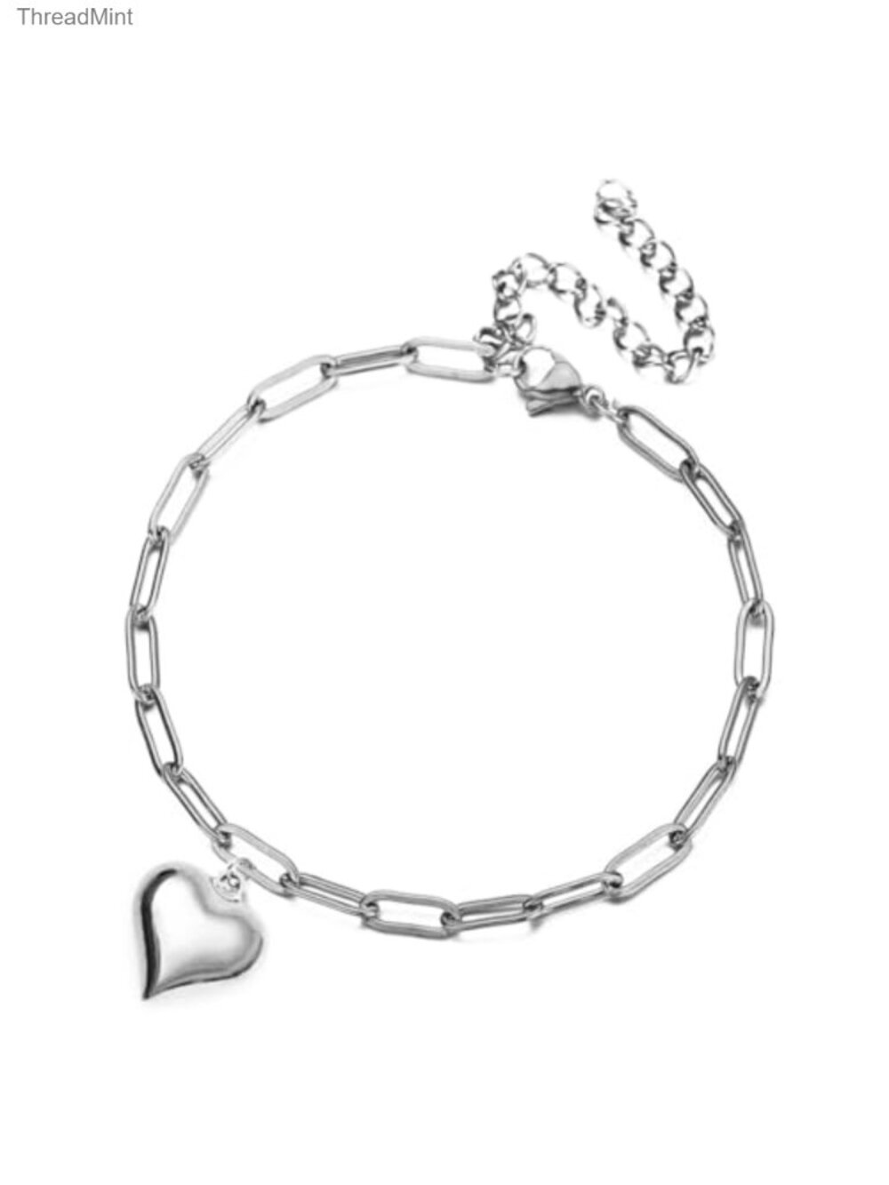 Stainless Steel Puffy Heart Charms Paperclip Chain Bracelet